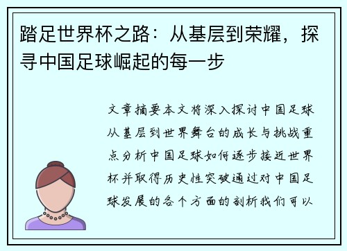 踏足世界杯之路：从基层到荣耀，探寻中国足球崛起的每一步